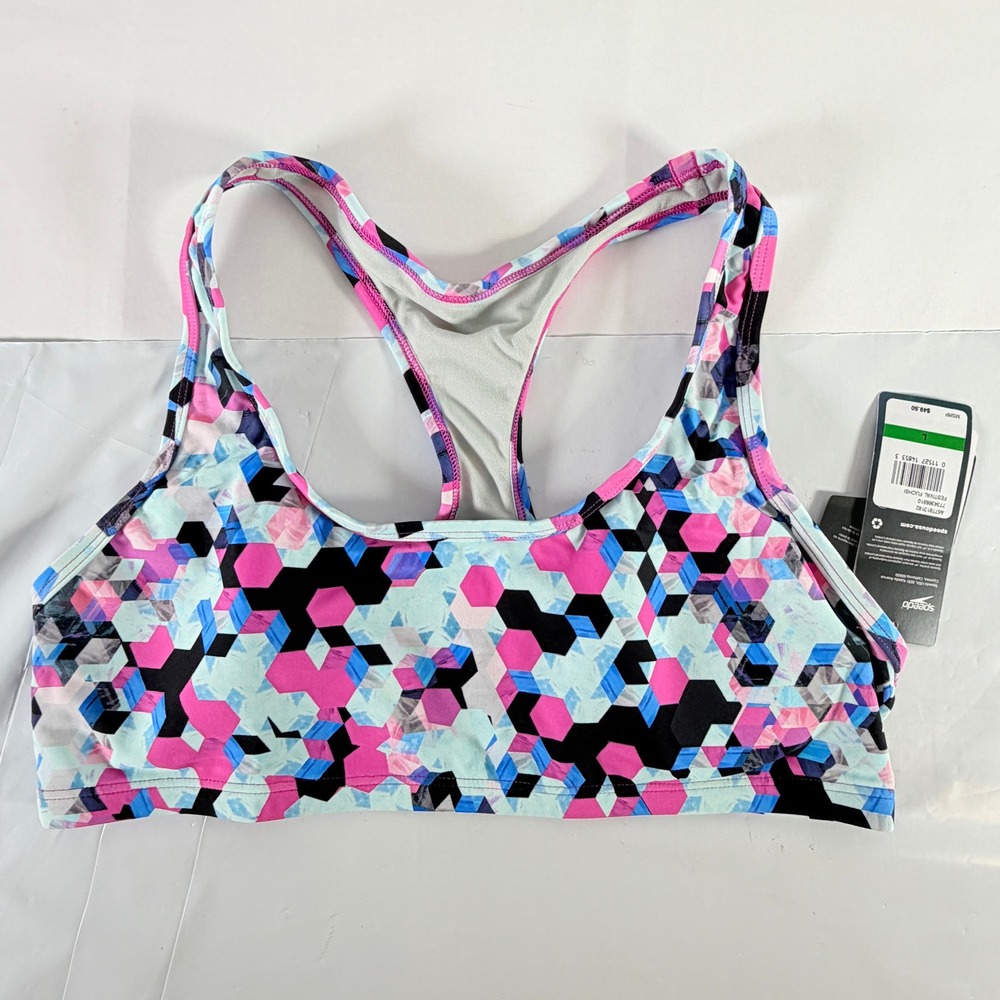 Speedo Women Racerback Bikini Swim Top Festival Fuchsia Geometric Prism Size L